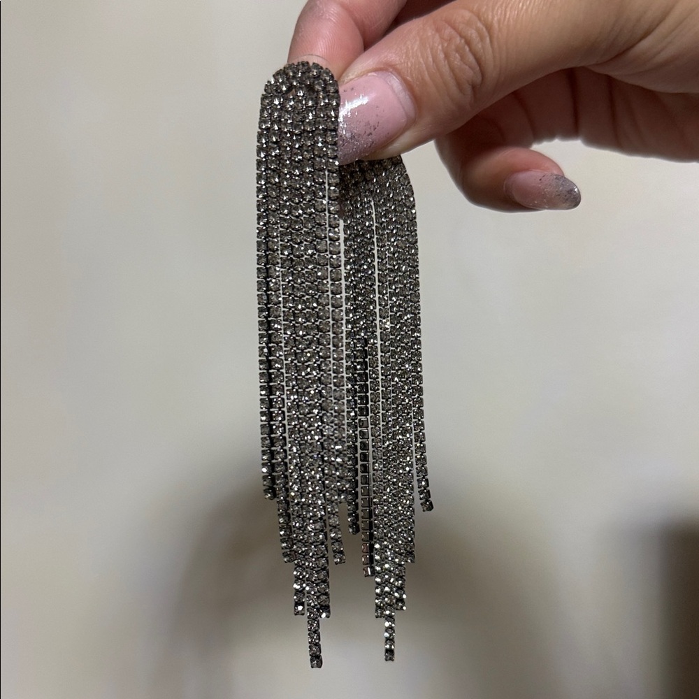 Silver Rhinestone Tassel Earrings